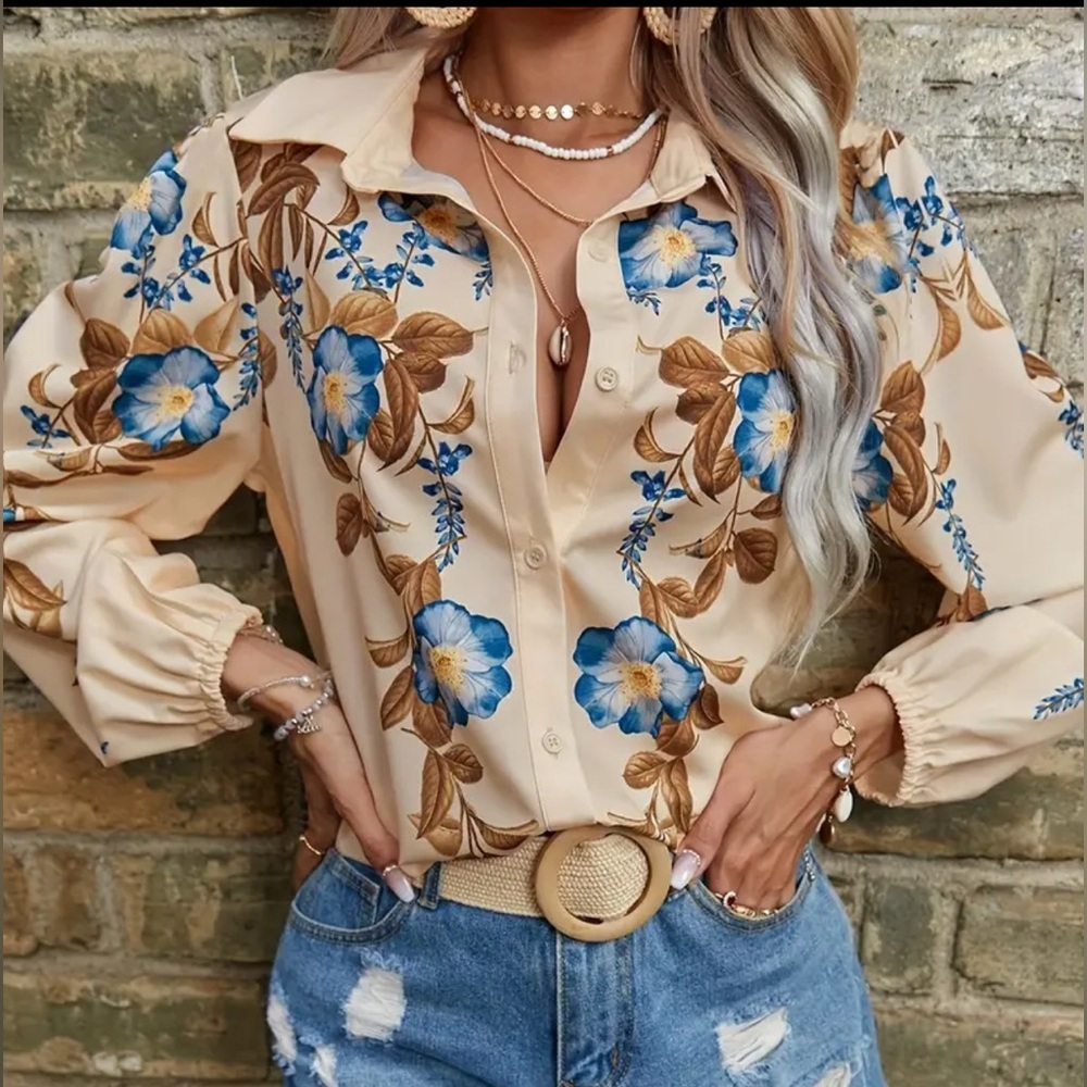 Beige Blue Floral Button-Down Blouse | Long Sleeve Collared Top (Polyester) - Picture 2 of 5